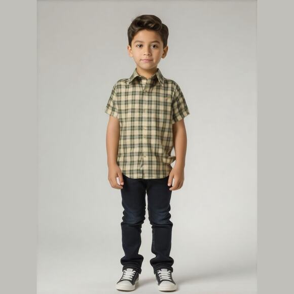 Janie & Jack Boys Shirt Size 6-12 Mo Hole in One Plaid Green Beige Button Front - Picture 1 of 6